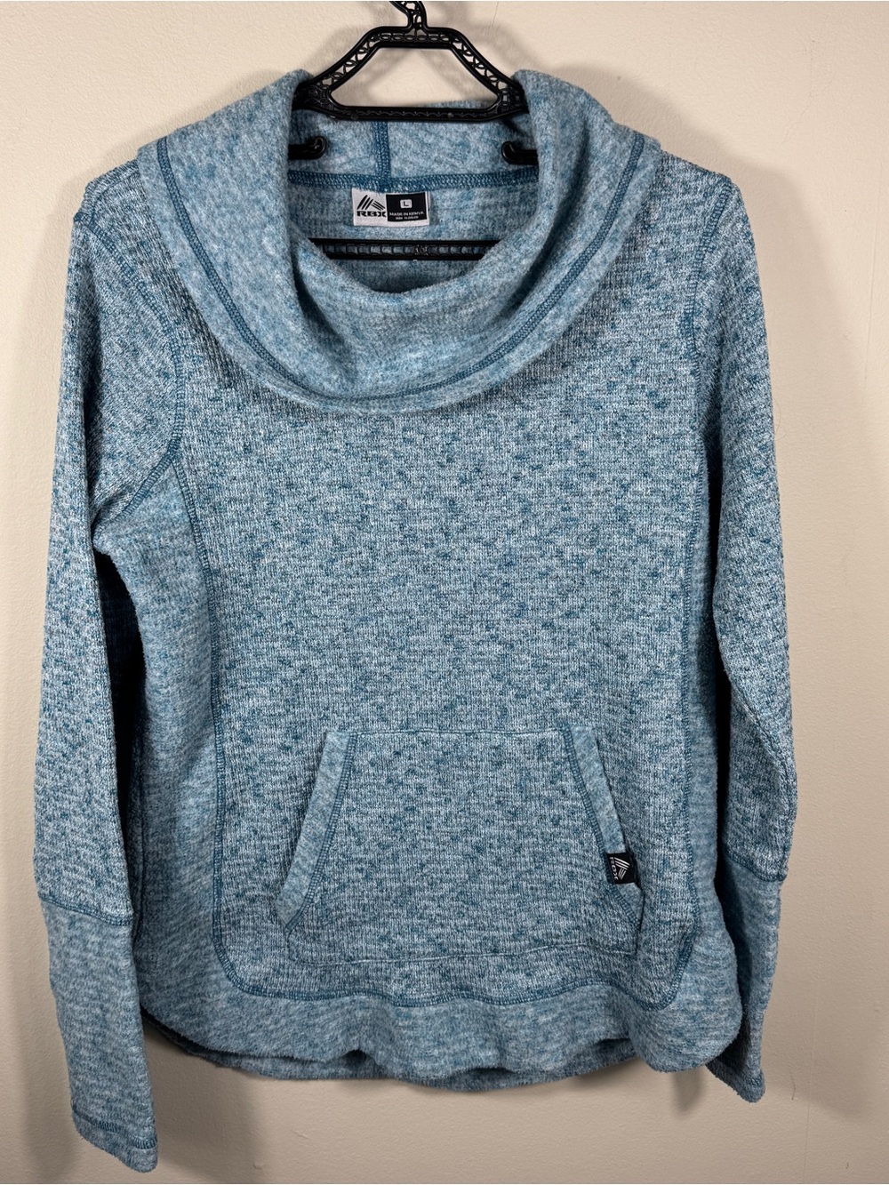 RBX Women’s Large Blue Heather Cowl Neck Fleece Pullover Kangaroo pocket